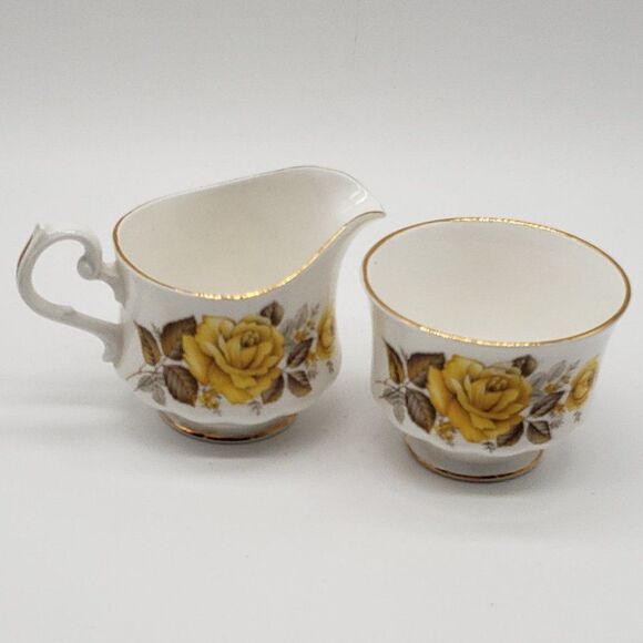 Queen Anne Vintage White Bone China Yellow Roses Ribbed Cream and Sugar Set - Picture 9 of 9